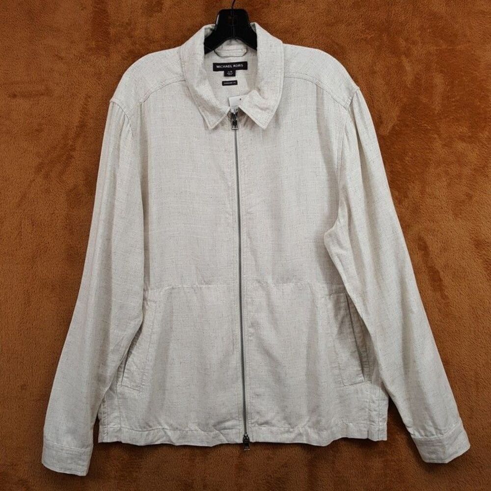 MICHAEL KORS Overshirt Jacket Mens Large Cream Tan Zip Up Linen Blend $198